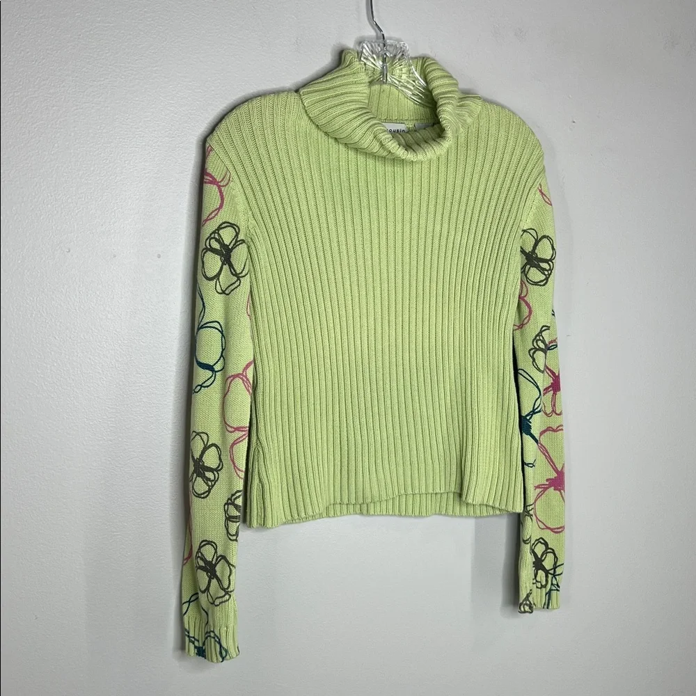 Cousin Johnny Whimsical Floral Lime Green Contour Knit Funnel Neck Sweater